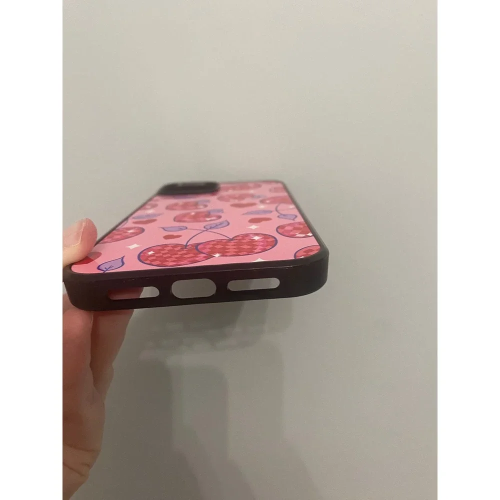 iPhone 14 Plus Case Pink Cherry Heart Disco Ball Retro Pattern Protective Cover